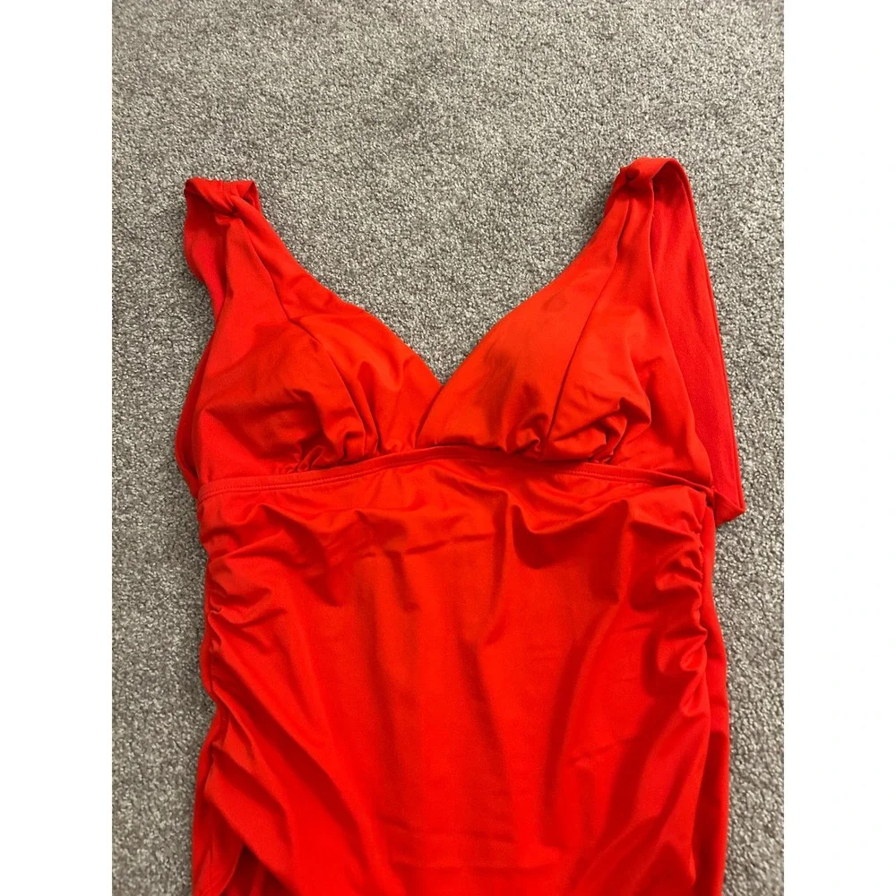 Time and Tru One Piece Swimsuit Womens Large 12-14 Red Excellent Ruched V-Neck